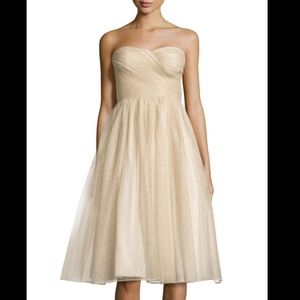 Aidan Mattox Ruched Metallic Tulle Midi Dress Gold